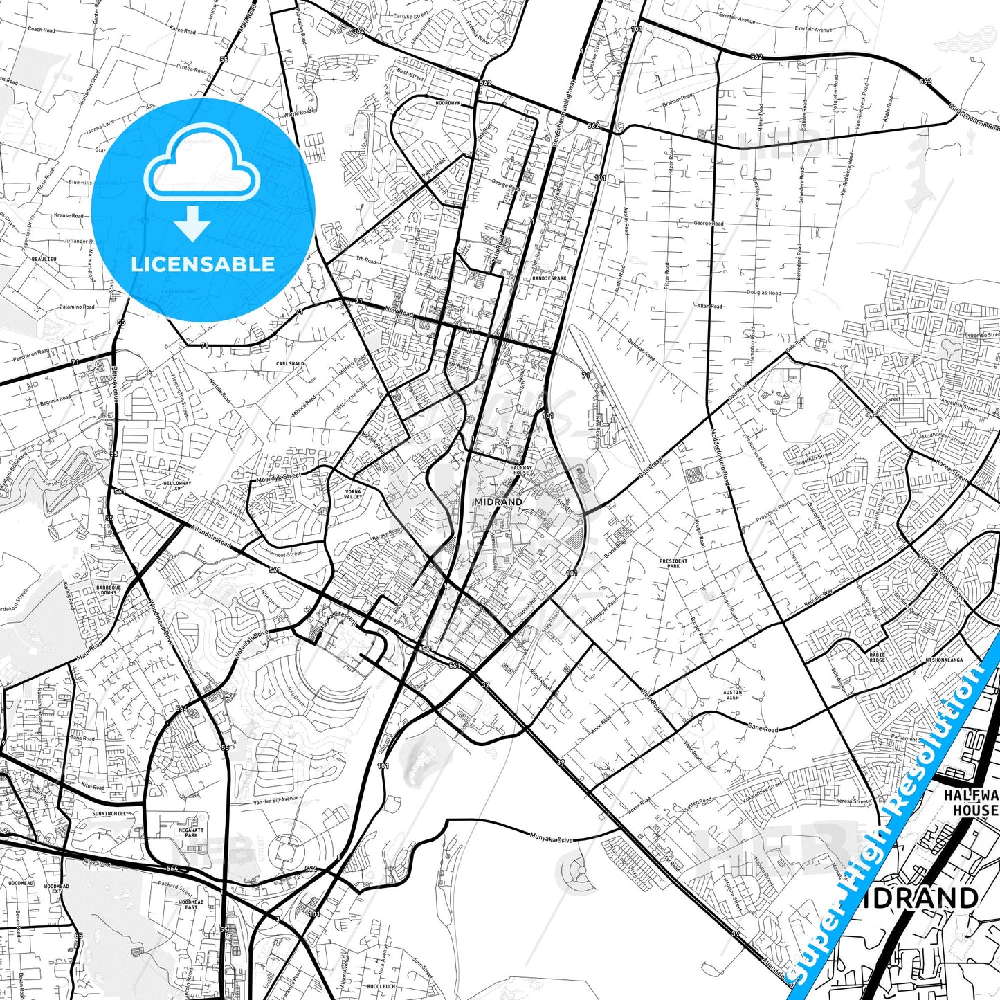 Midrand, South Africa Light Map with Street Names, City Names, and Districts