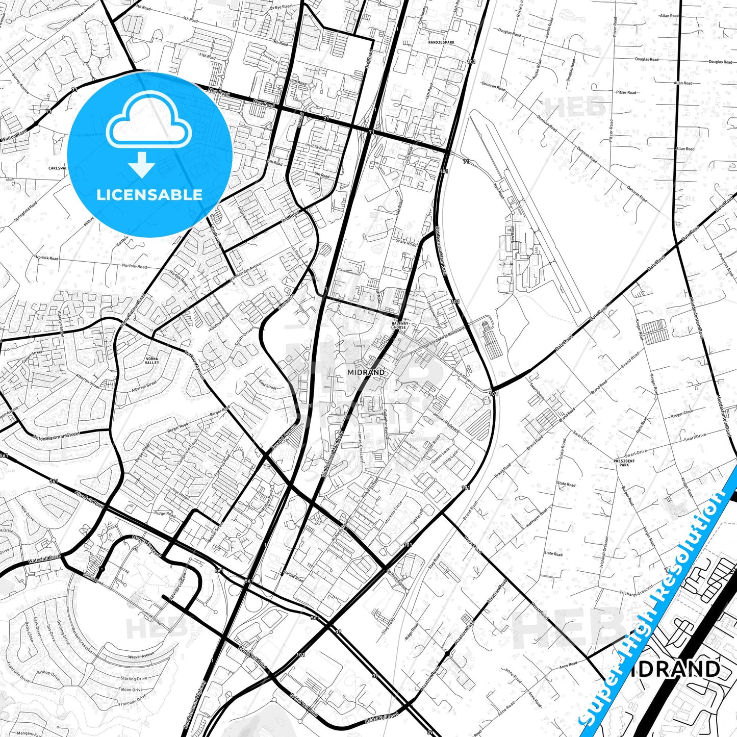 Midrand, South Africa Light Map with Street Names, City Names, and Districts