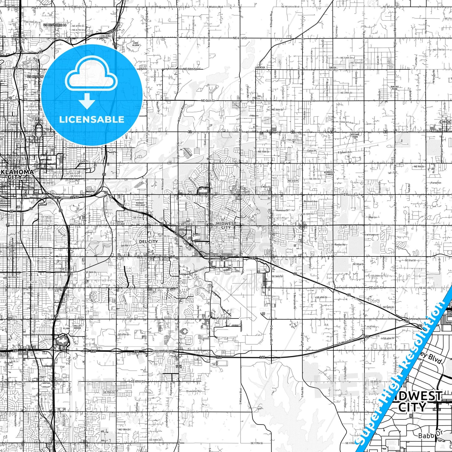 Midwest City, Oklahoma light map with streetnames, citynames and districts