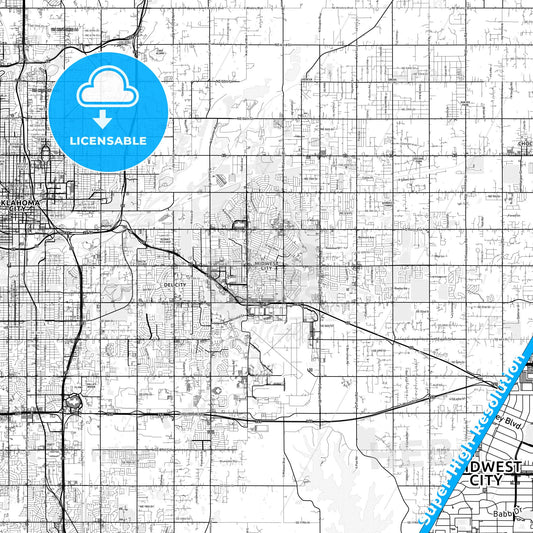 Midwest City, Oklahoma light map with streetnames, citynames and districts