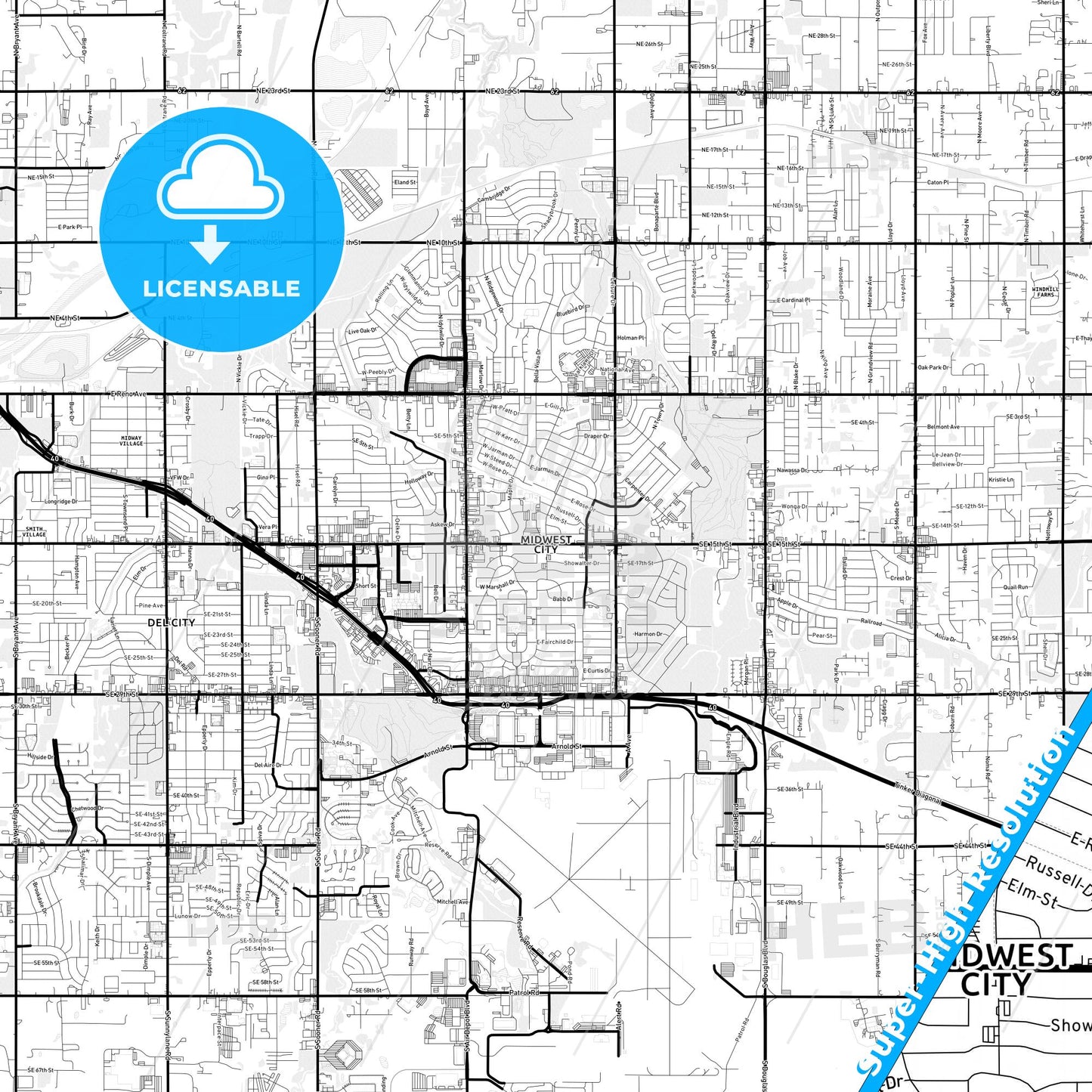 Midwest City, Oklahoma Light Map with Street Names, City Names, and Districts