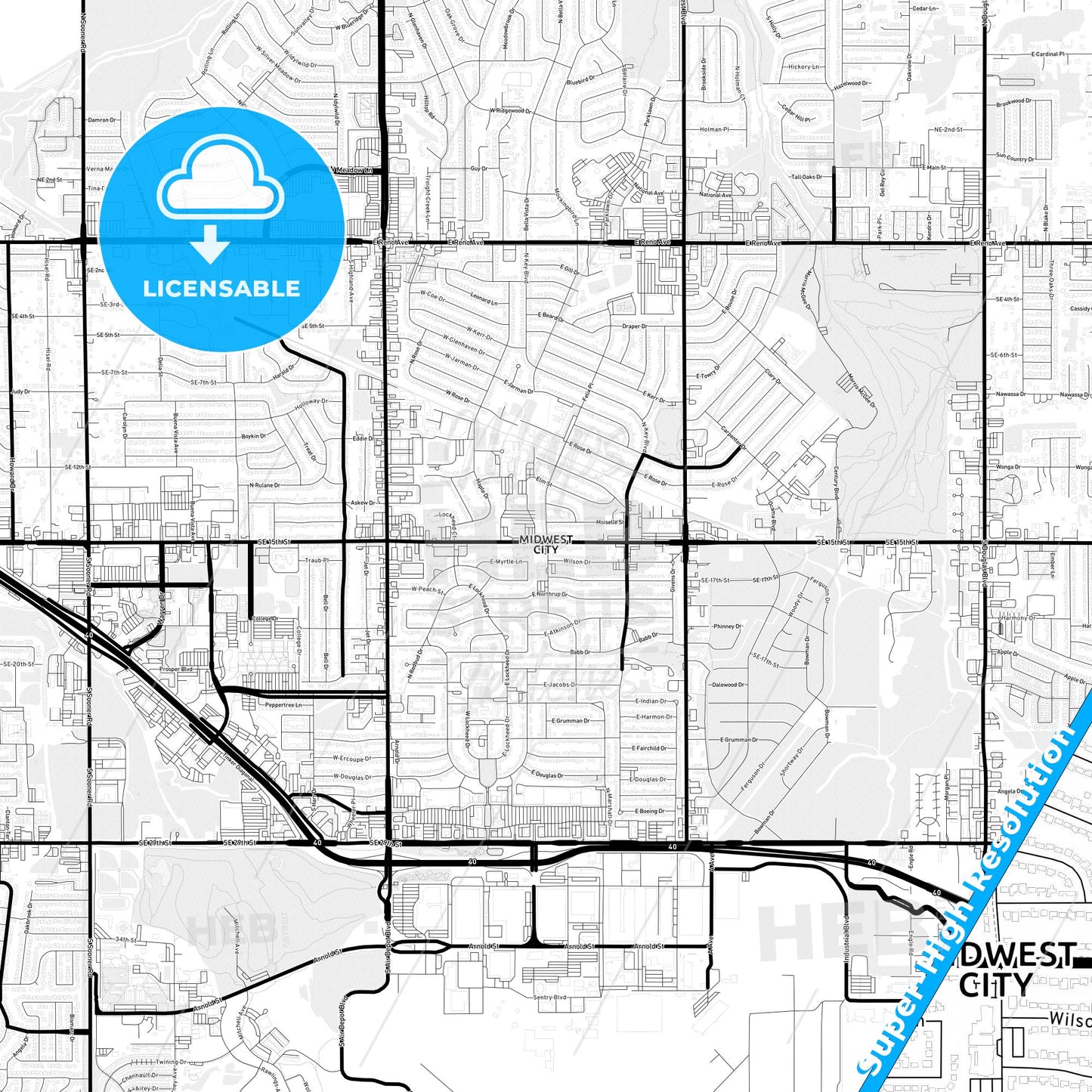 Midwest City, Oklahoma Light Map with Street Names, City Names, and Districts