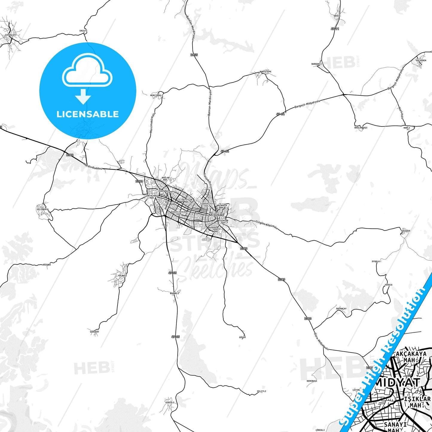 Midyat, Turkey light map with streetnames, citynames and districts