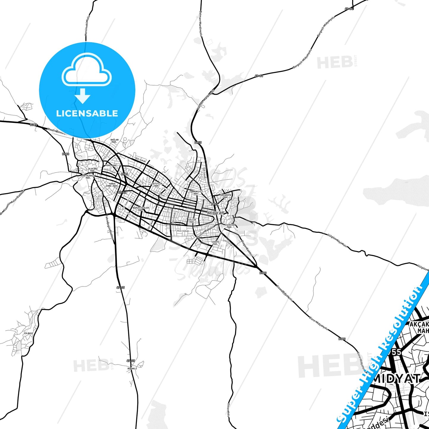 Midyat, Turkey Light Map with Street Names, City Names, and Districts
