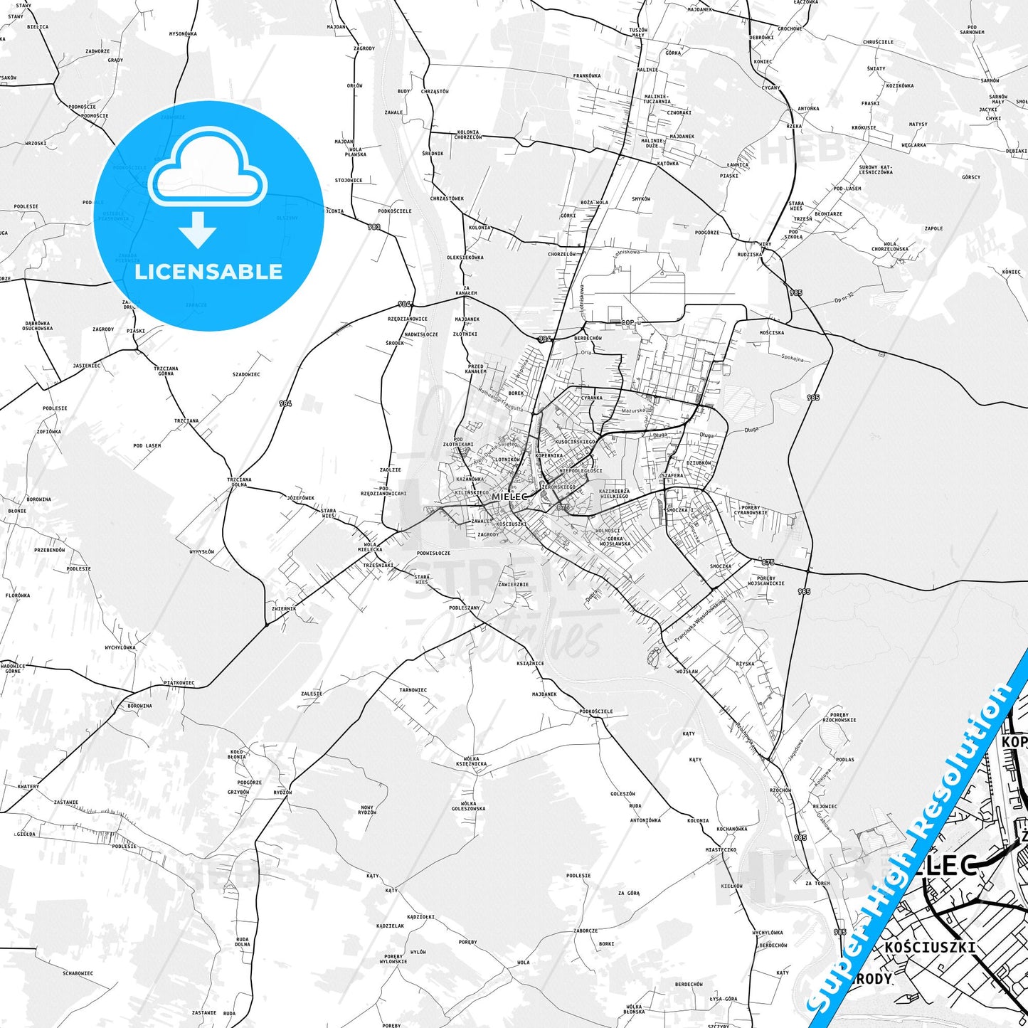 Mielec, Poland light map with streetnames, citynames and districts