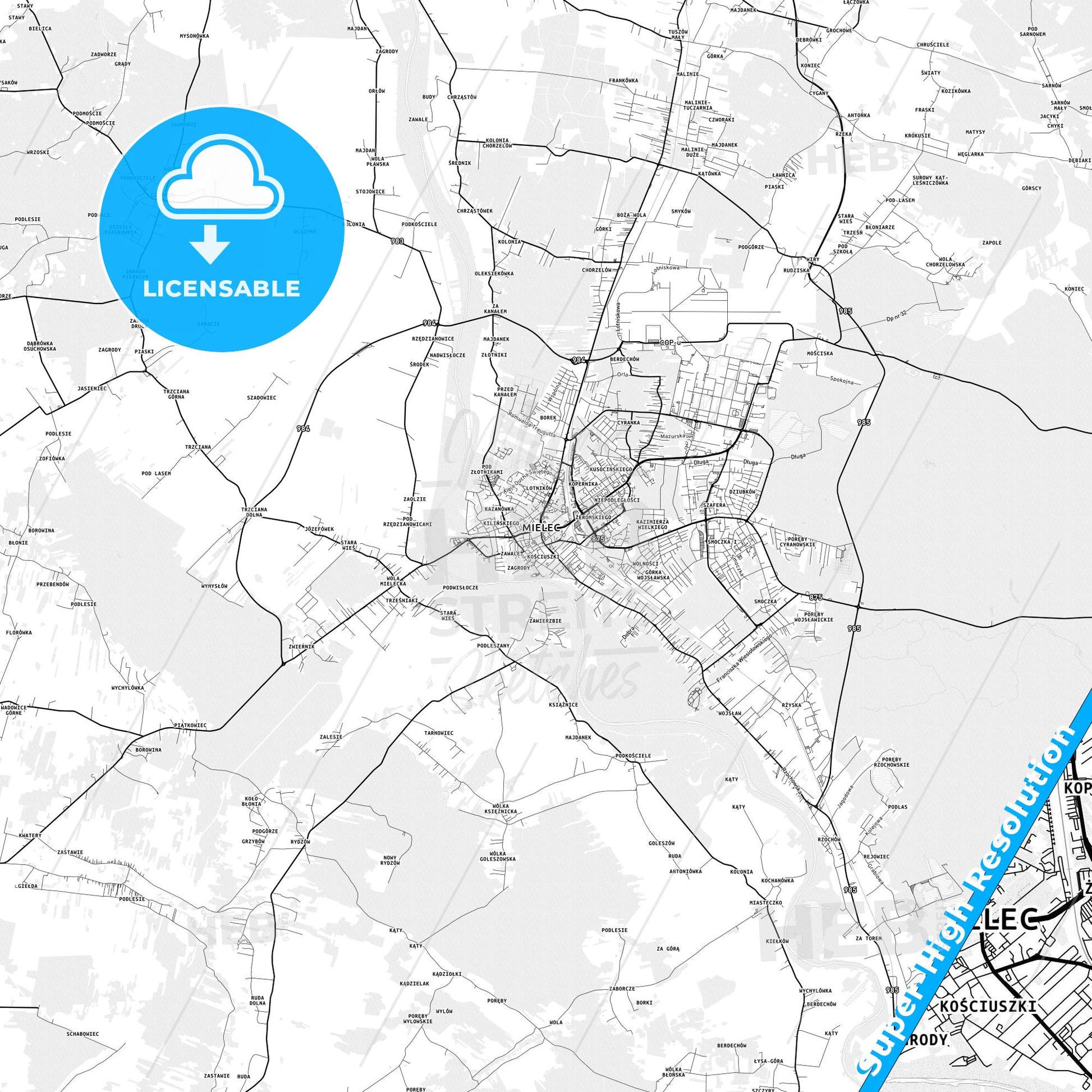 Mielec, Poland light map with streetnames, citynames and districts