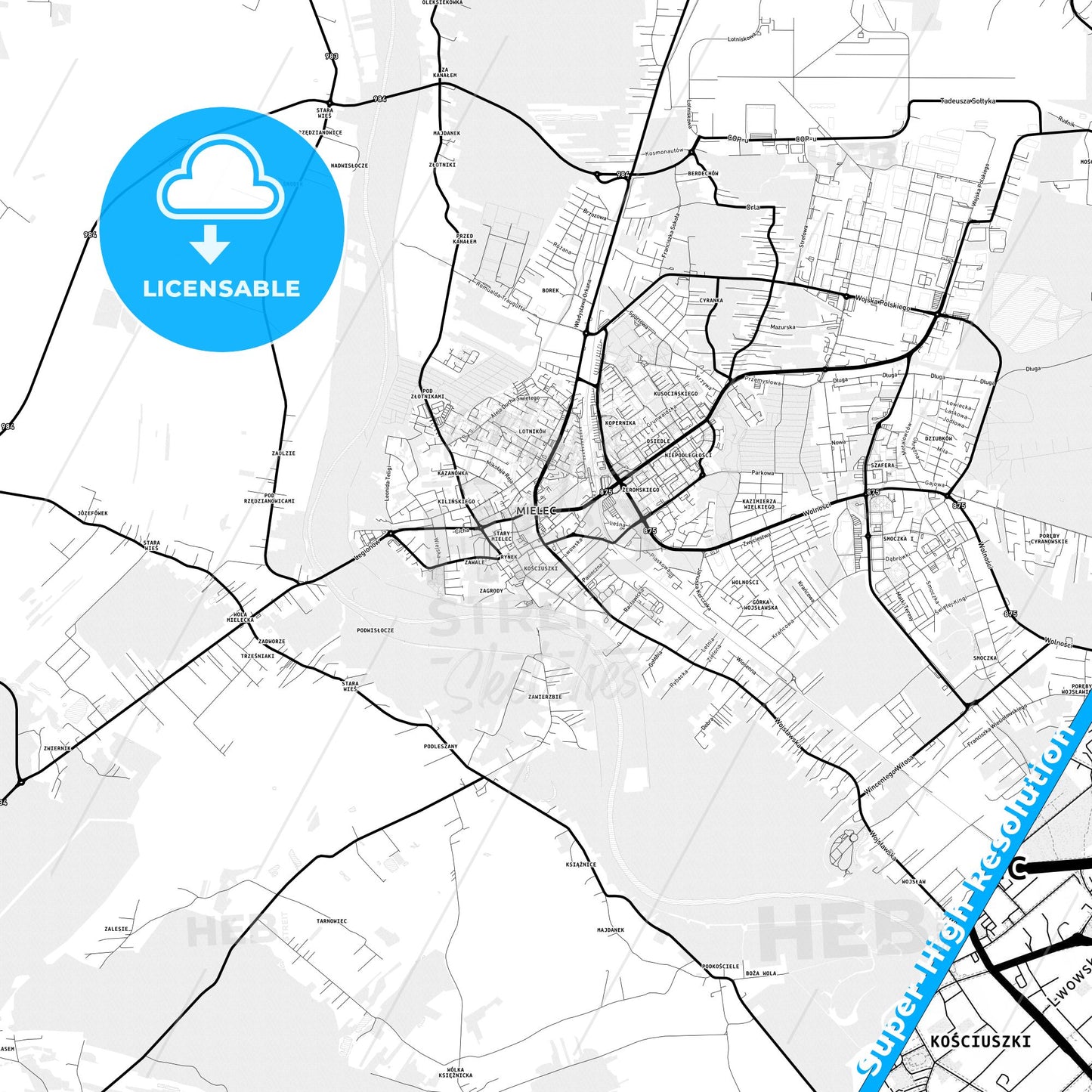 Mielec, Poland Light Map with Street Names, City Names, and Districts