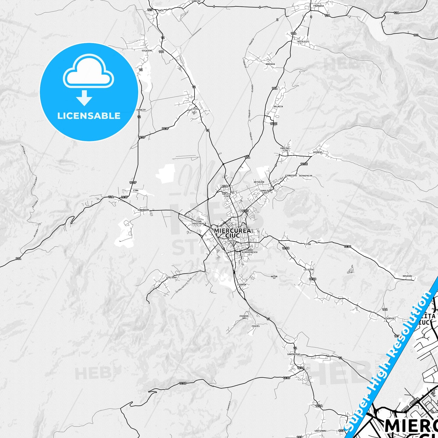 Miercurea Ciuc, Romania light map with streetnames, citynames and districts