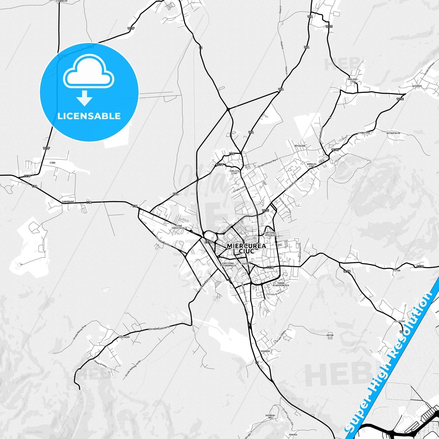 Miercurea Ciuc, Romania Light Map with Street Names, City Names, and Districts