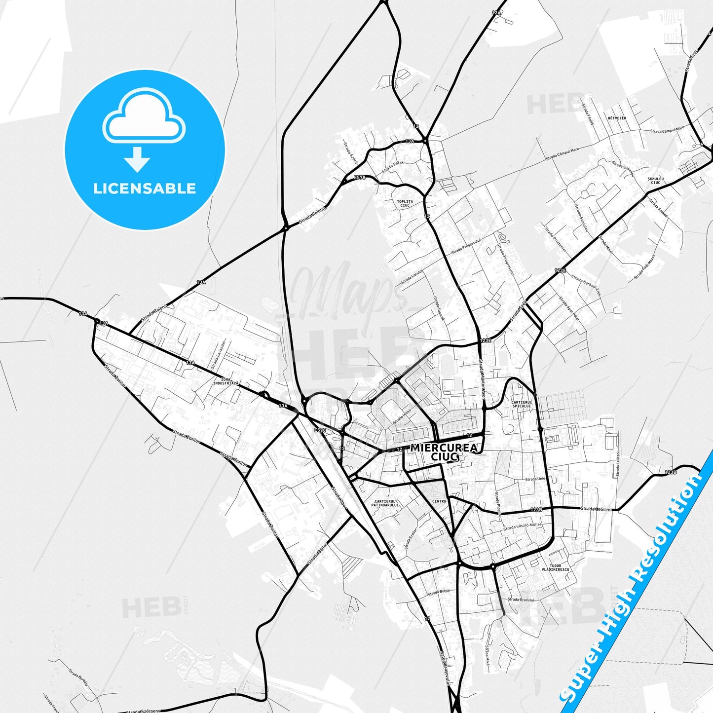 Miercurea Ciuc, Romania Light Map with Street Names, City Names, and Districts