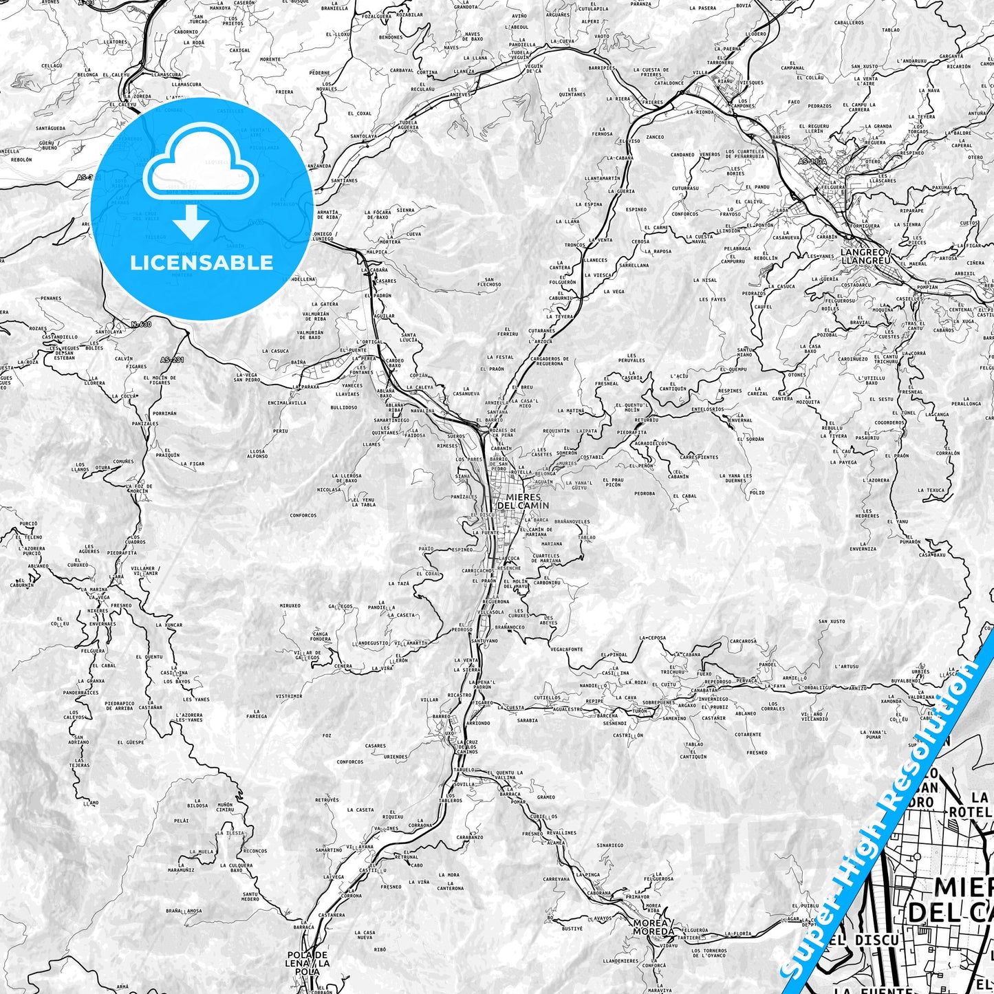 Mieres, Spain light map with streetnames, citynames and districts