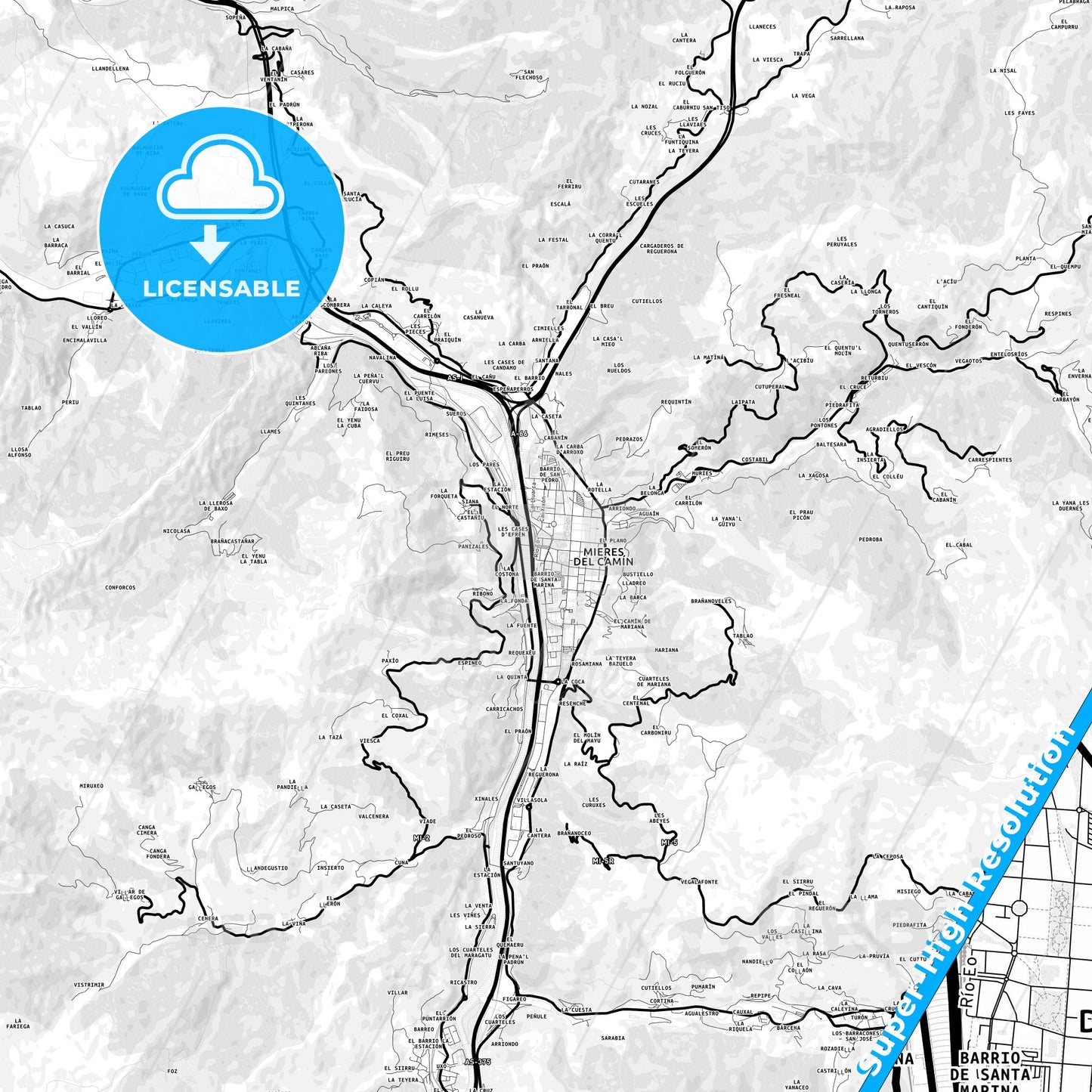 Mieres, Spain Light Map with Street Names, City Names, and Districts