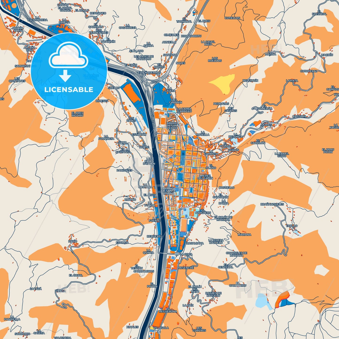 Colorful Mieres Street Map with Labels and Buildings