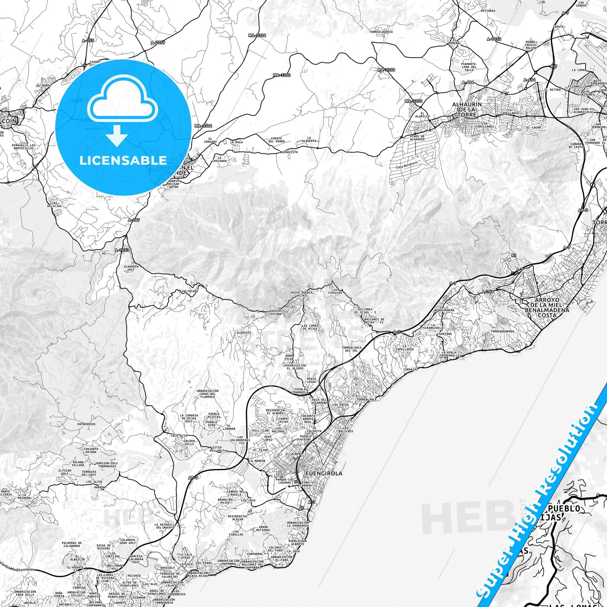 Mijas, Spain light map with streetnames, citynames and districts