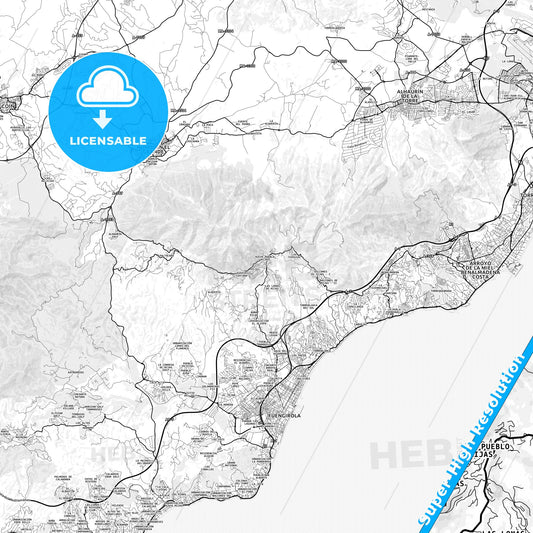 Mijas, Spain light map with streetnames, citynames and districts