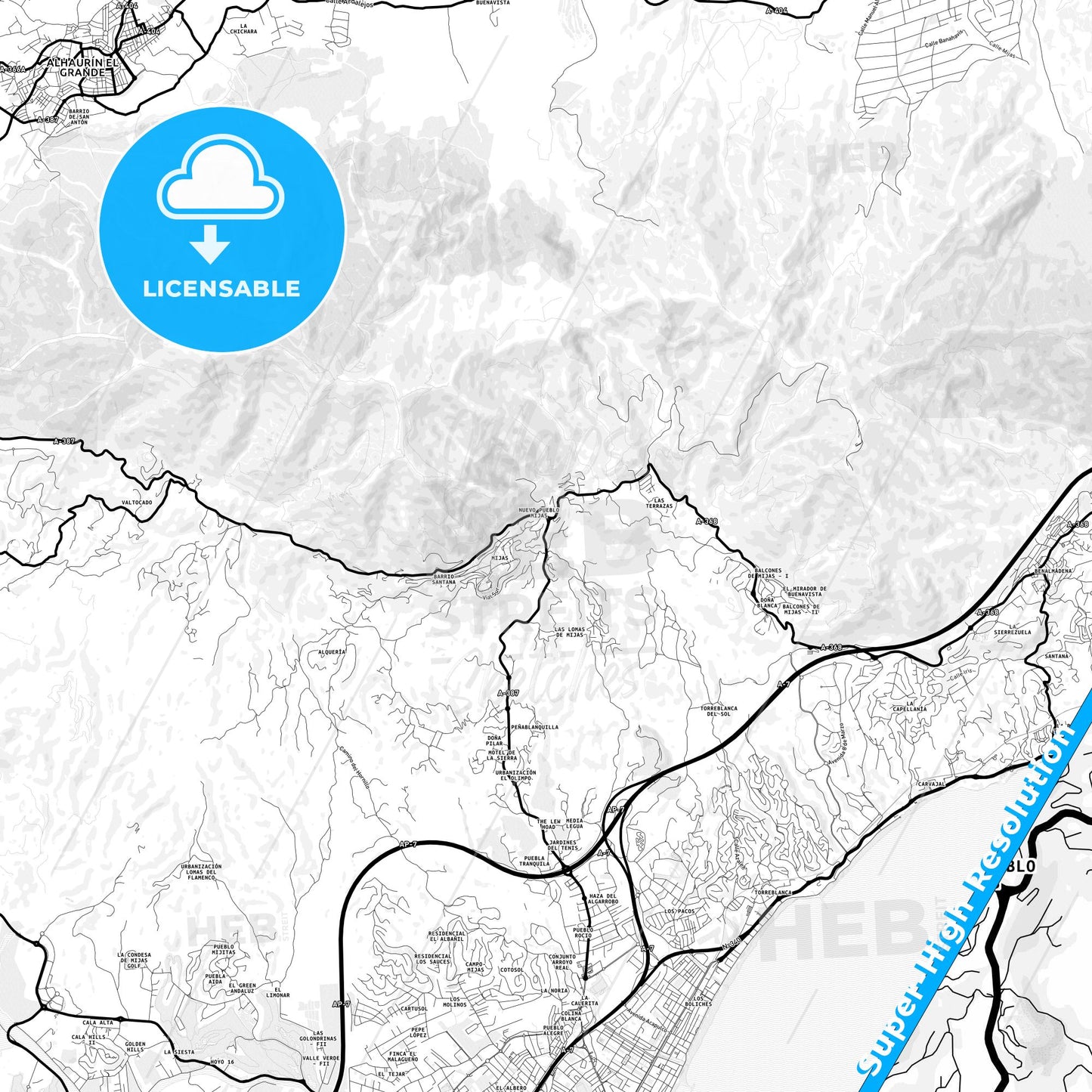 Mijas, Spain Light Map with Street Names, City Names, and Districts