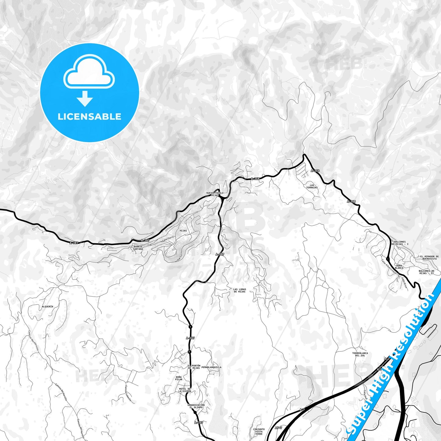 Mijas, Spain Light Map with Street Names, City Names, and Districts