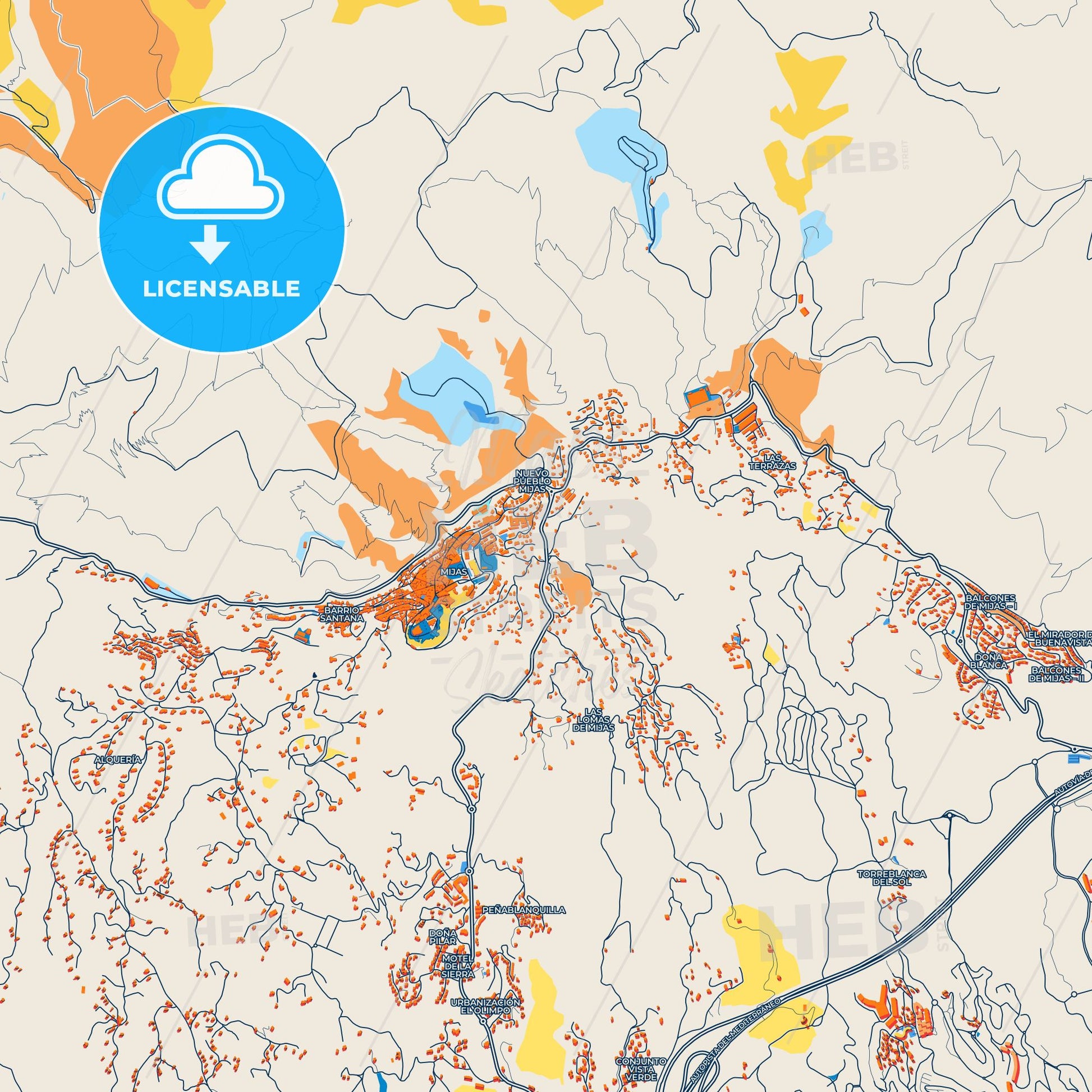 Colorful Mijas Street Map with Labels and Buildings