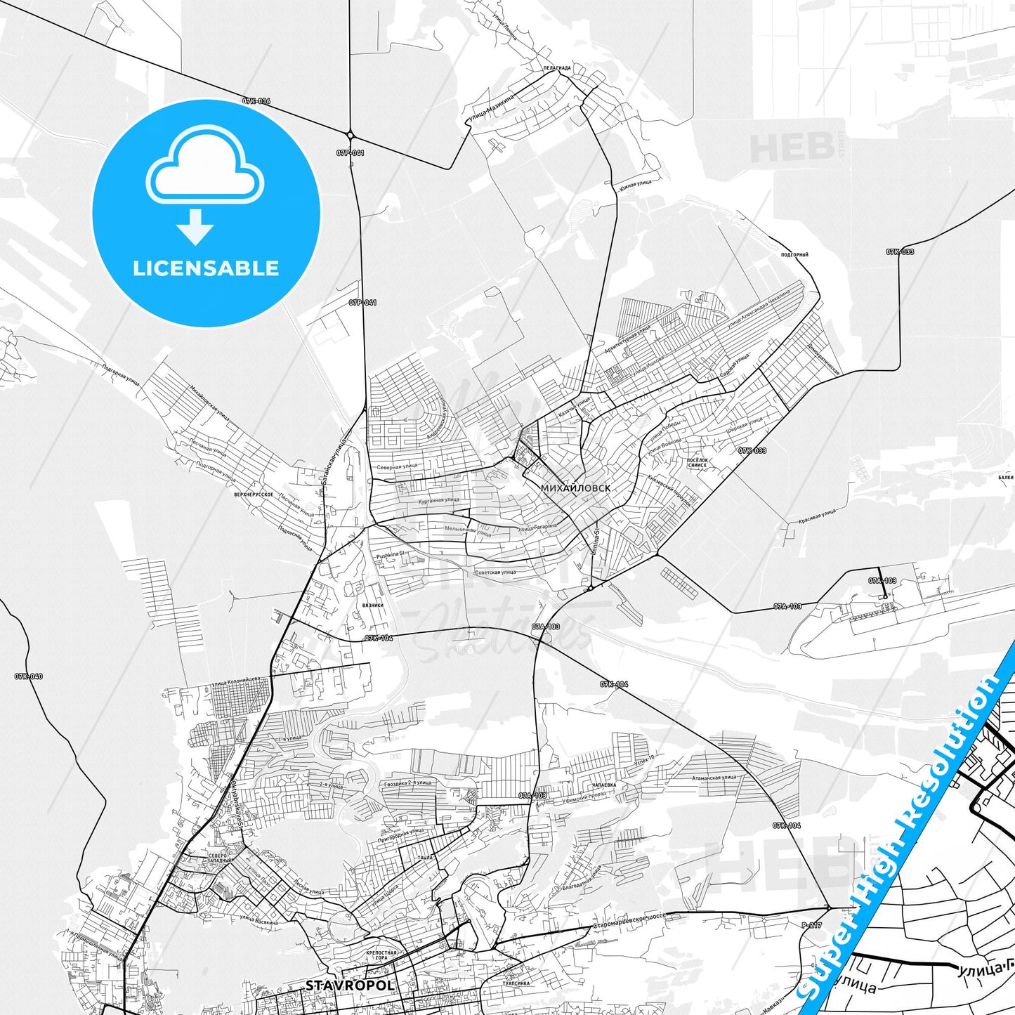 Mikhaylovsk, Russia light map with streetnames, citynames and districts