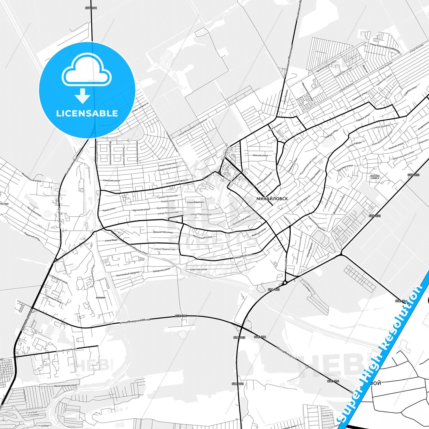 Mikhaylovsk, Russia Light Map with Street Names, City Names, and Districts