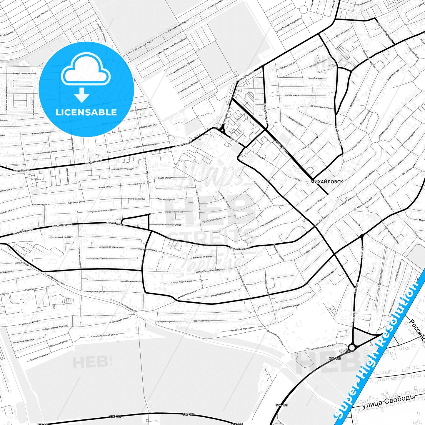 Mikhaylovsk, Russia Light Map with Street Names, City Names, and Districts