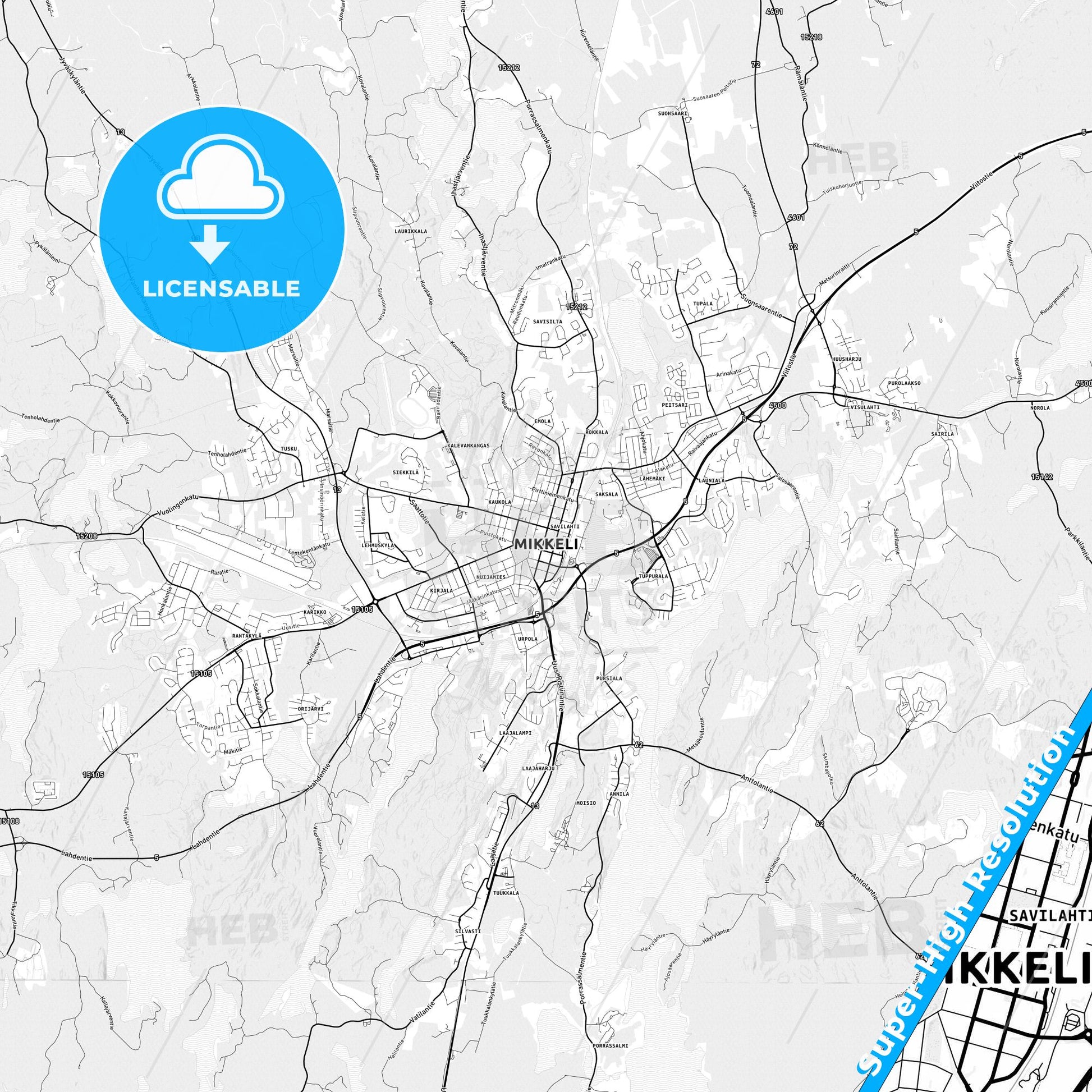 Mikkeli, Finland light map with streetnames, citynames and districts