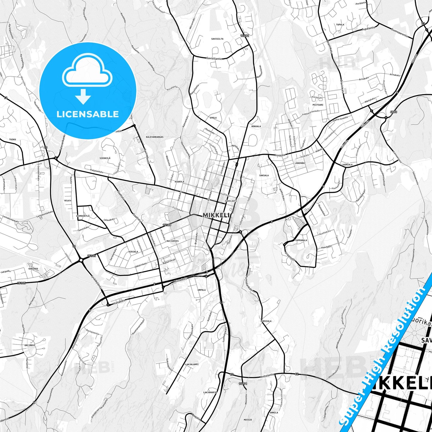 Mikkeli, Finland Light Map with Street Names, City Names, and Districts