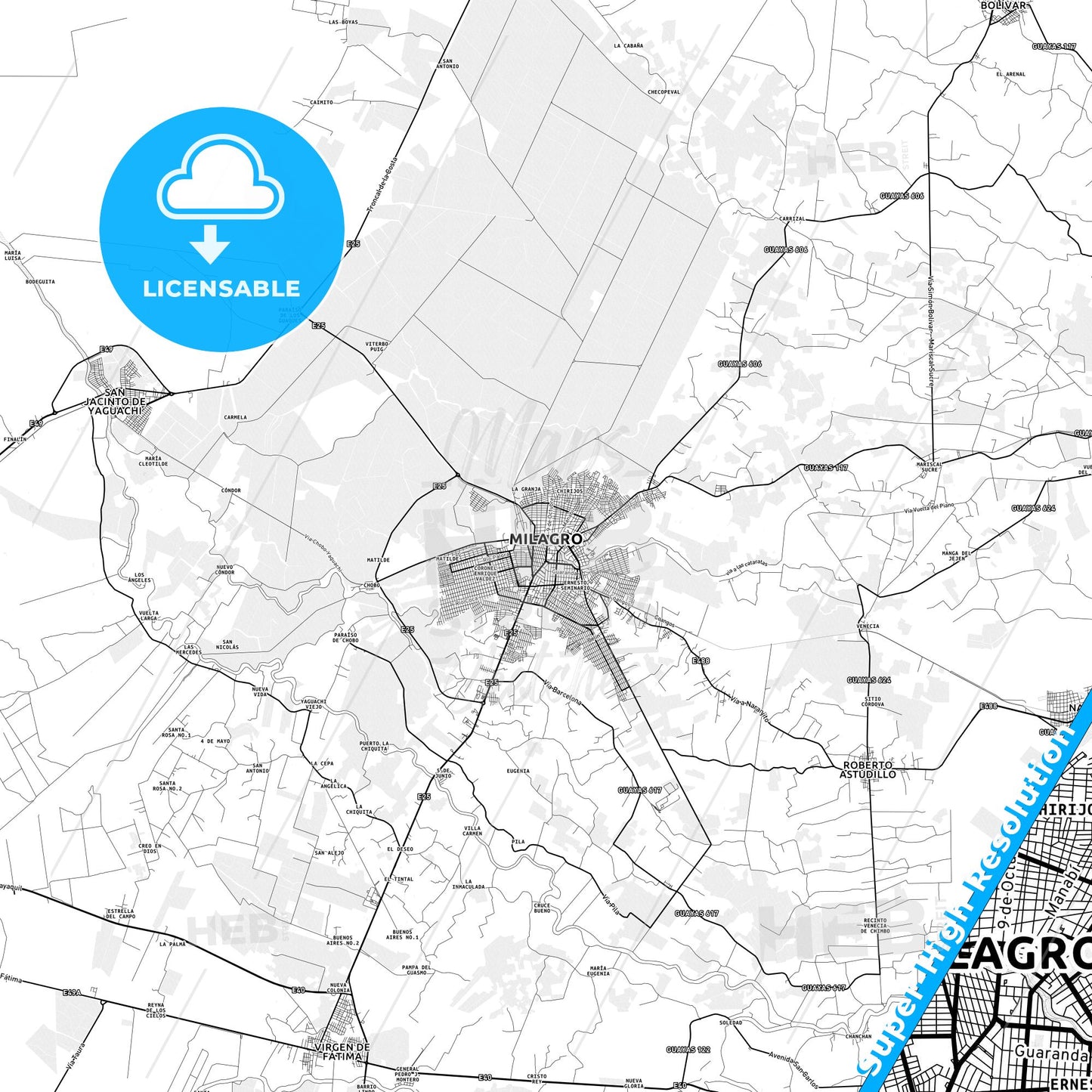 Milagro, Ecuador light map with streetnames, citynames and districts