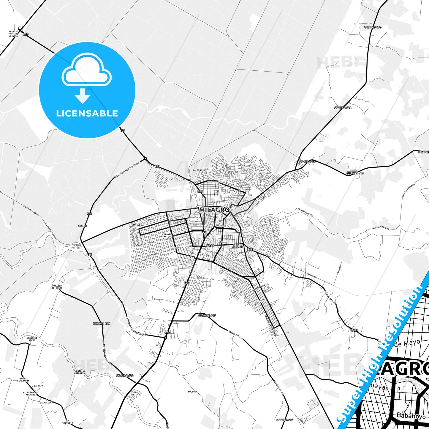 Milagro, Ecuador Light Map with Street Names, City Names, and Districts