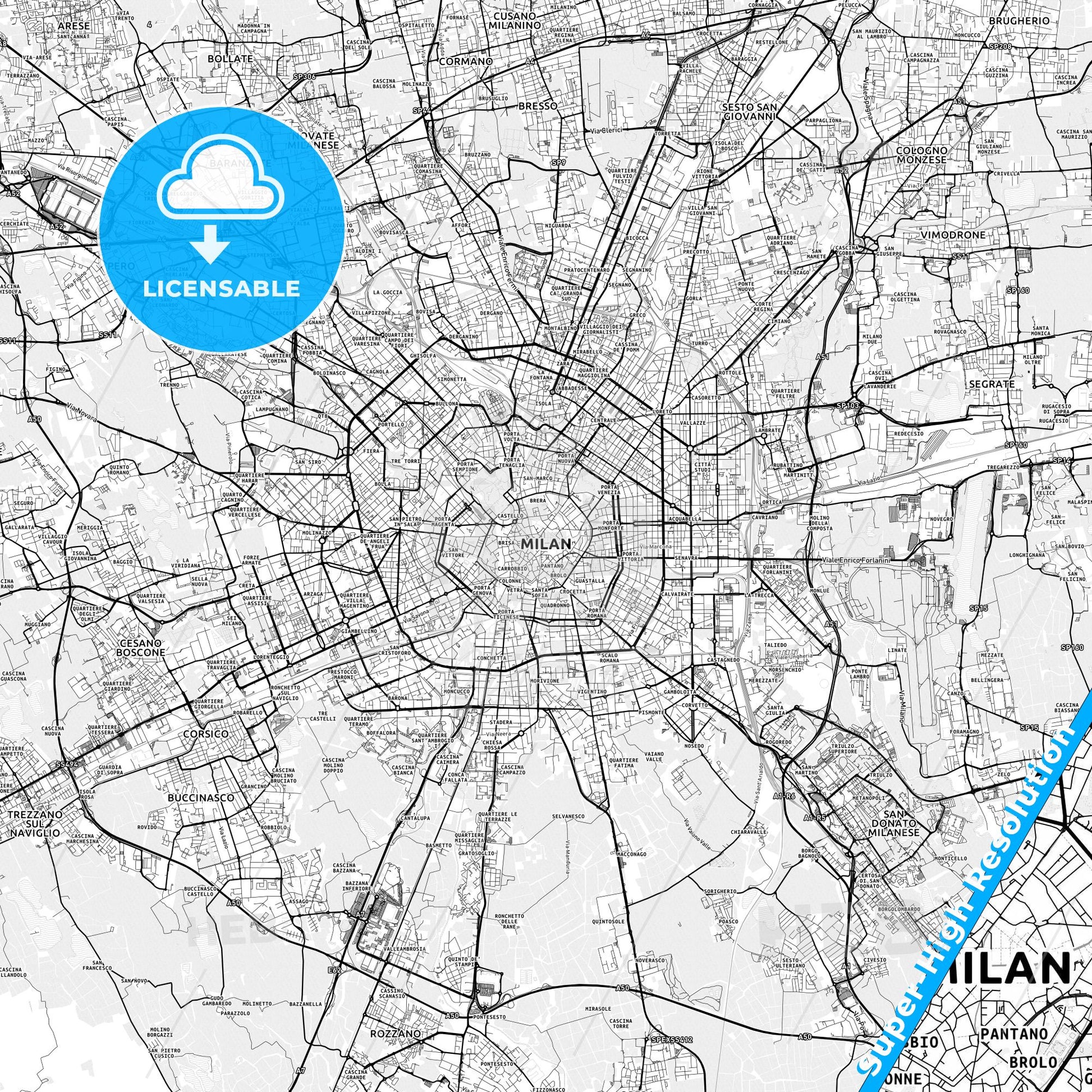 Milan, Italy light map with streetnames, citynames and districts