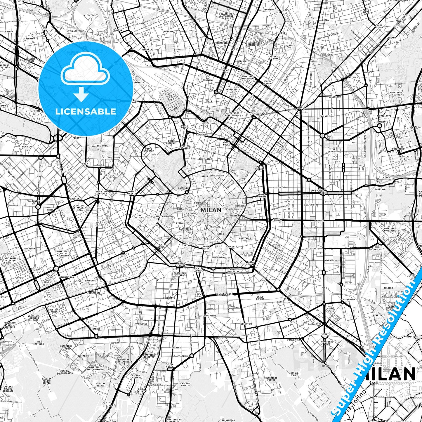 Milan, Italy Light Map with Street Names, City Names, and Districts