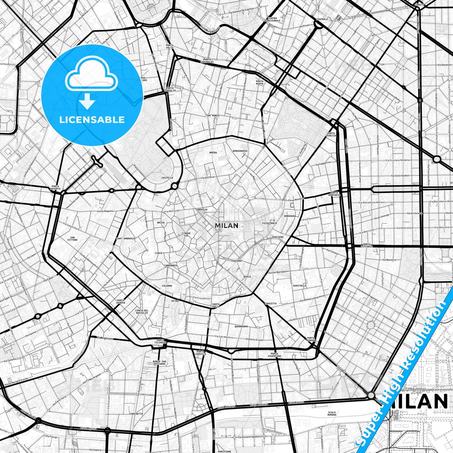 Milan, Italy Light Map with Street Names, City Names, and Districts