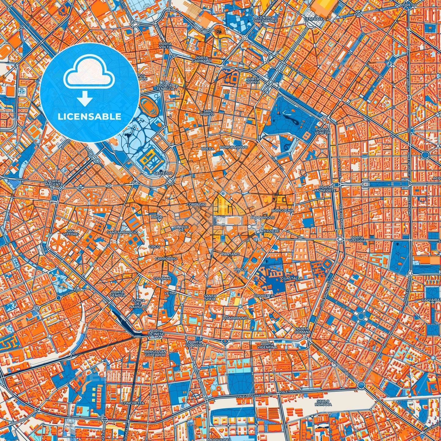 Colorful Milan Street Map with Labels and Buildings