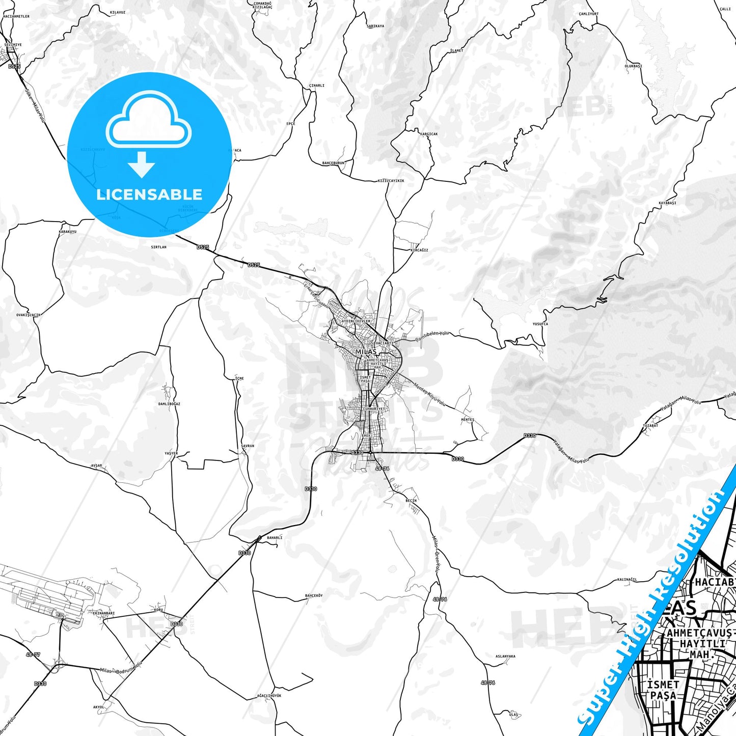 Milas, Turkey light map with streetnames, citynames and districts
