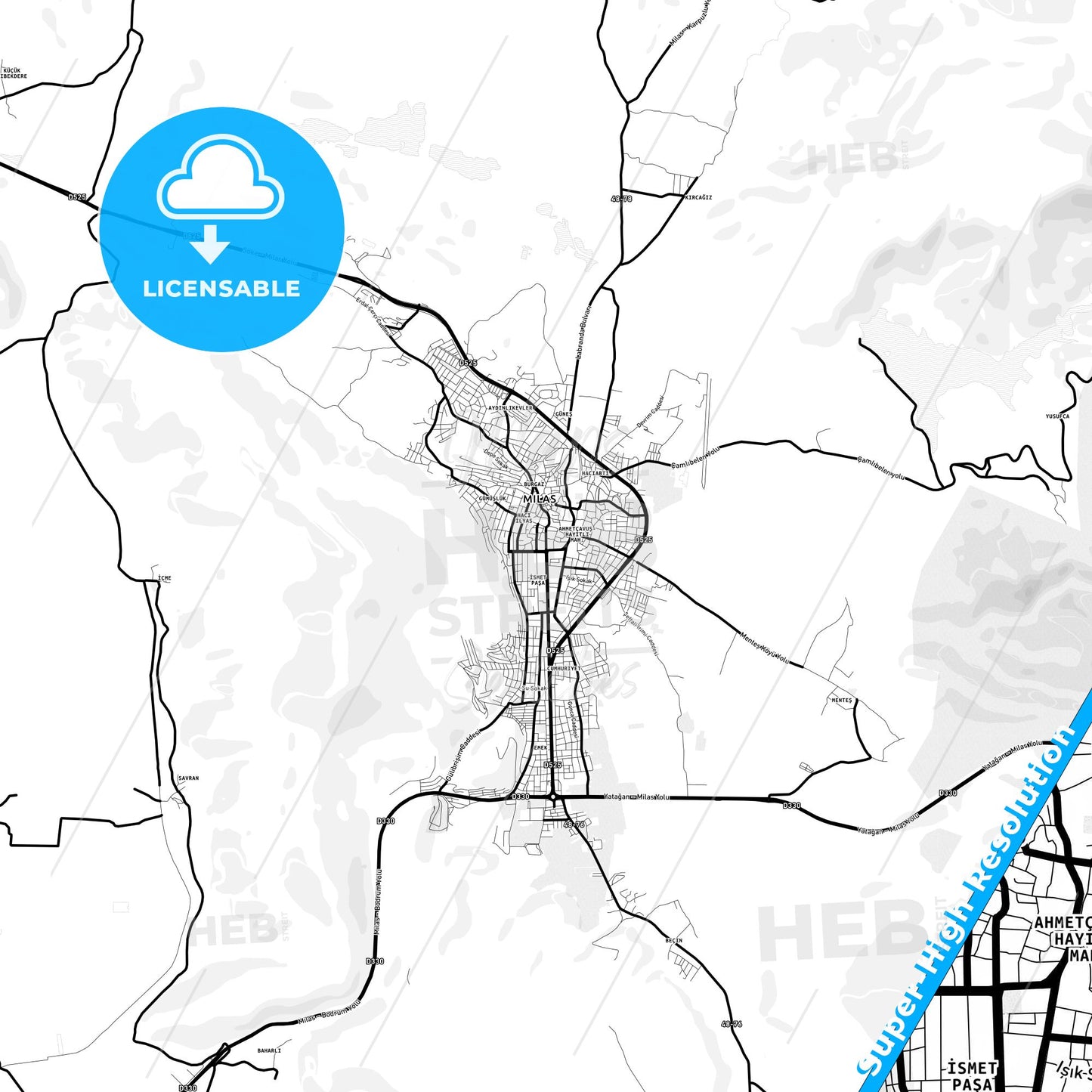 Milas, Turkey Light Map with Street Names, City Names, and Districts