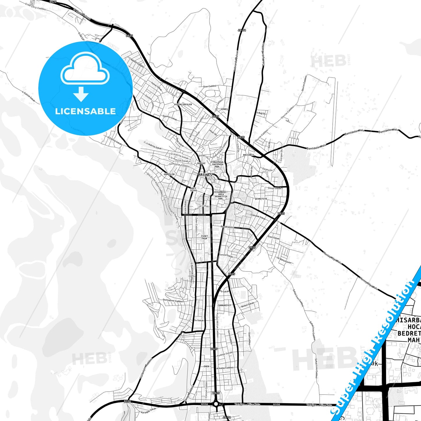 Milas, Turkey Light Map with Street Names, City Names, and Districts