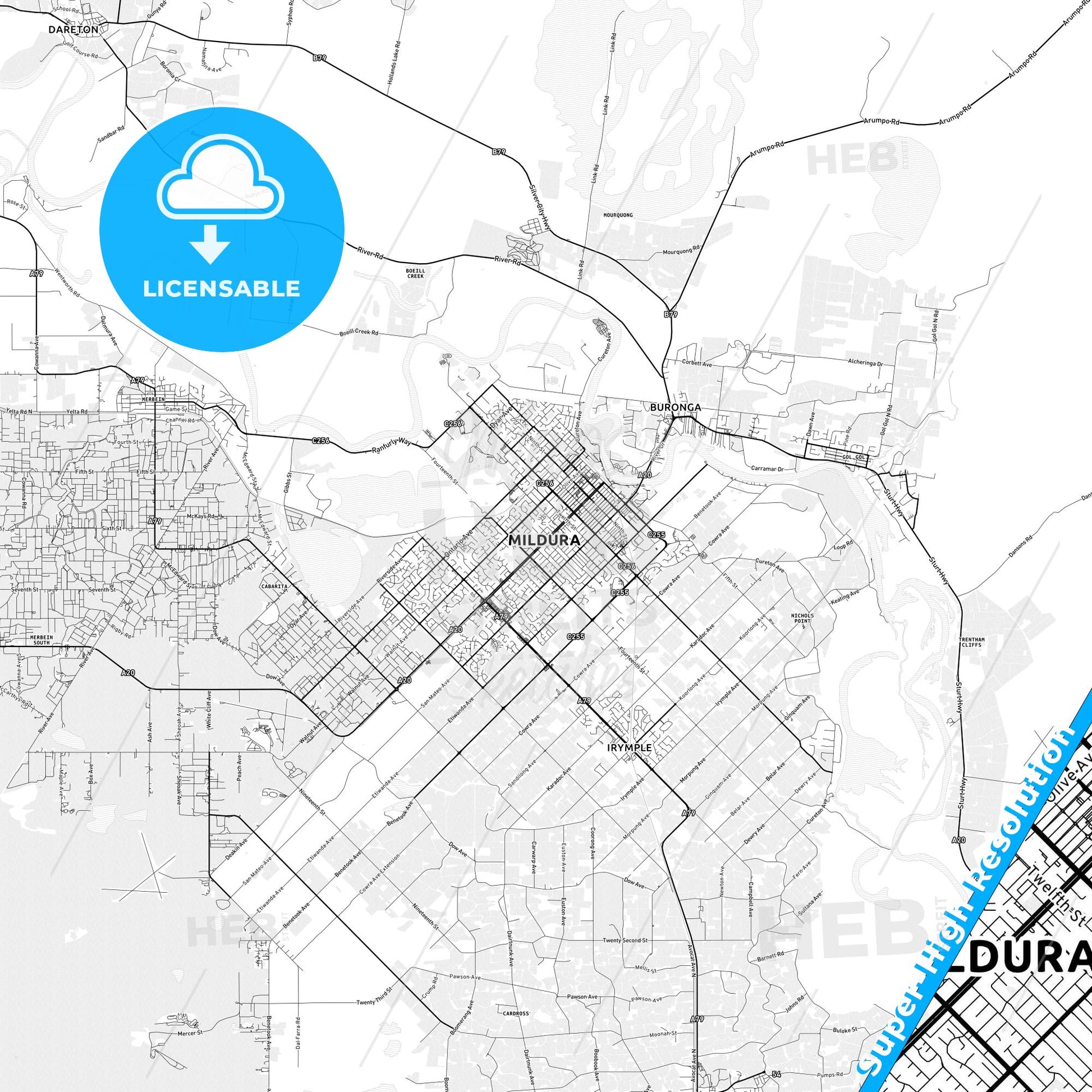Mildura–Wentworth, Australia light map with streetnames, citynames and districts