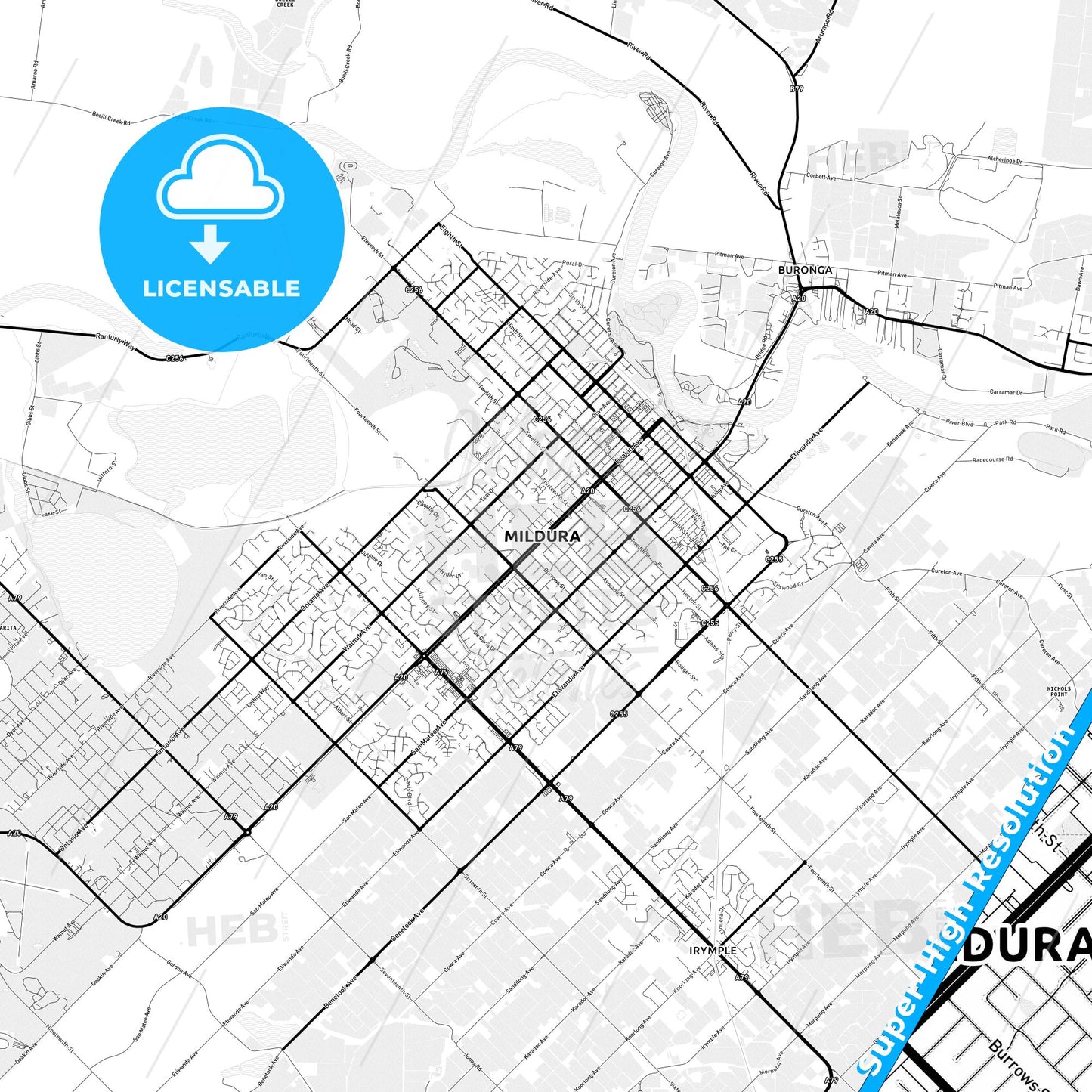 Mildura–Wentworth, Australia Light Map with Street Names, City Names, and Districts