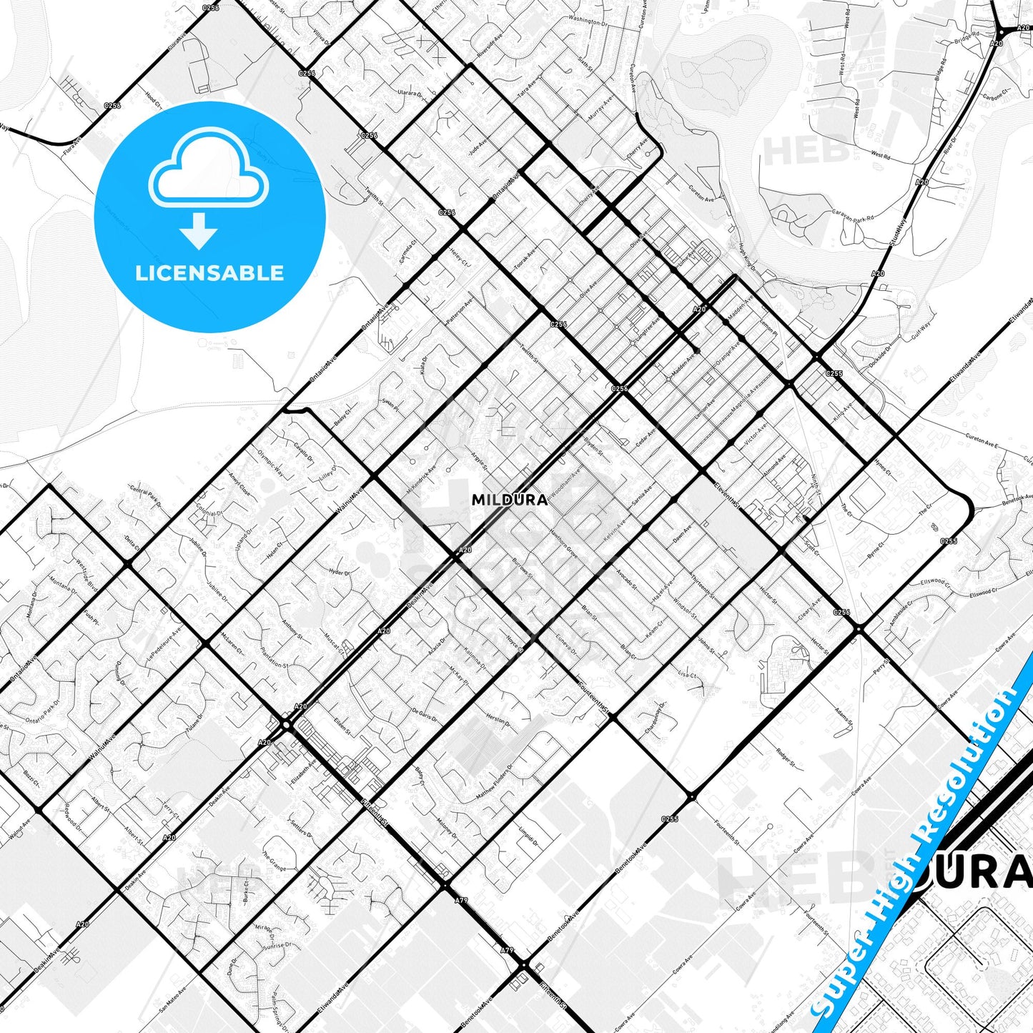 Mildura–Wentworth, Australia Light Map with Street Names, City Names, and Districts