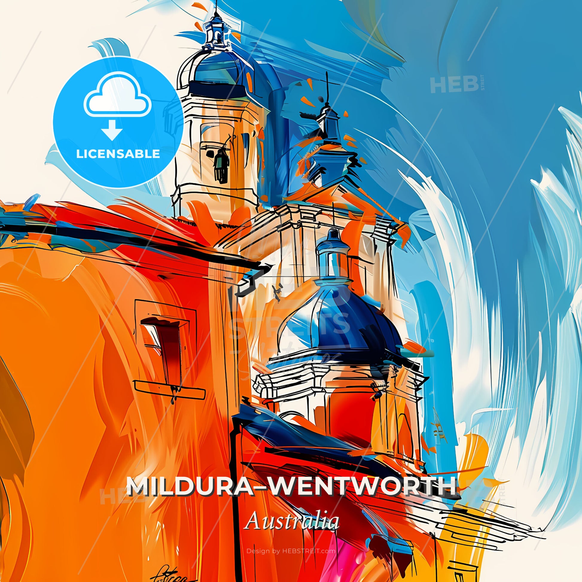 Vibrant Mildura–Wentworth, Australia - A Painting Of A Building With Blue And Orange Domes - Square format print template