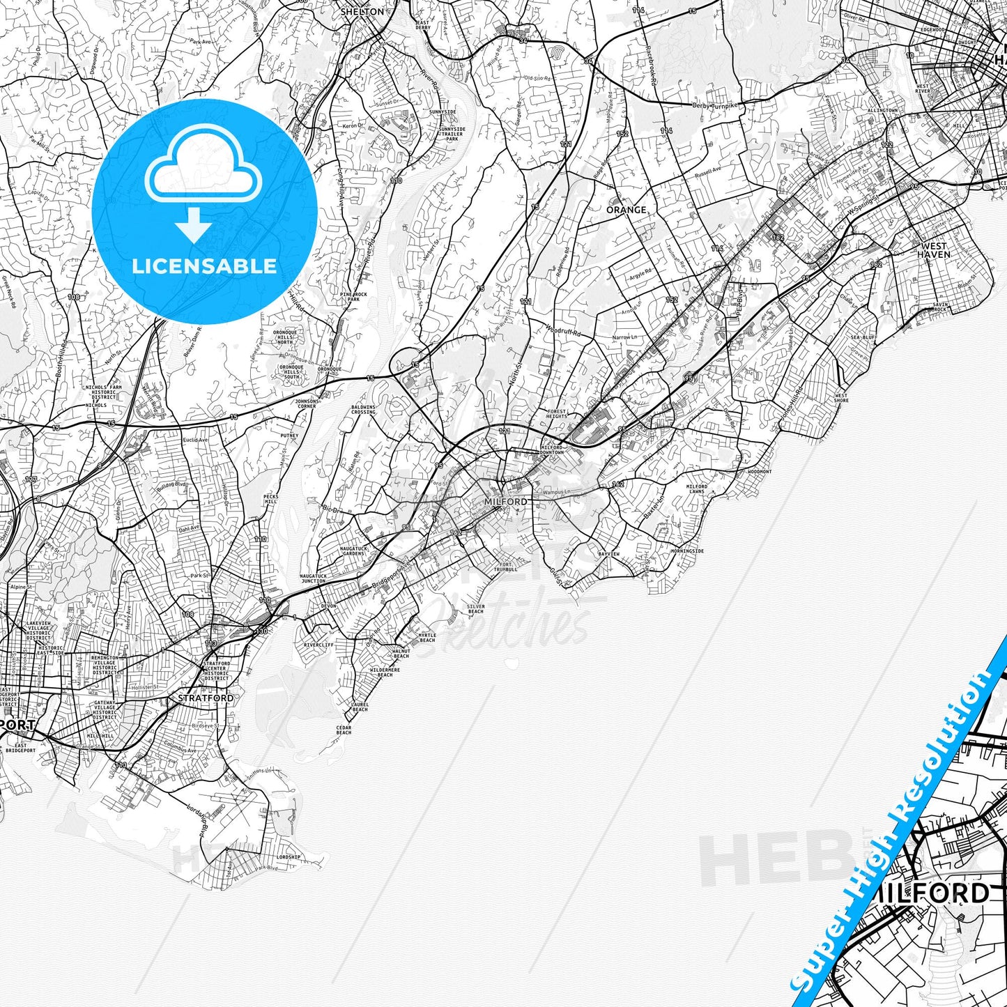 Milford, Connecticut light map with streetnames, citynames and districts