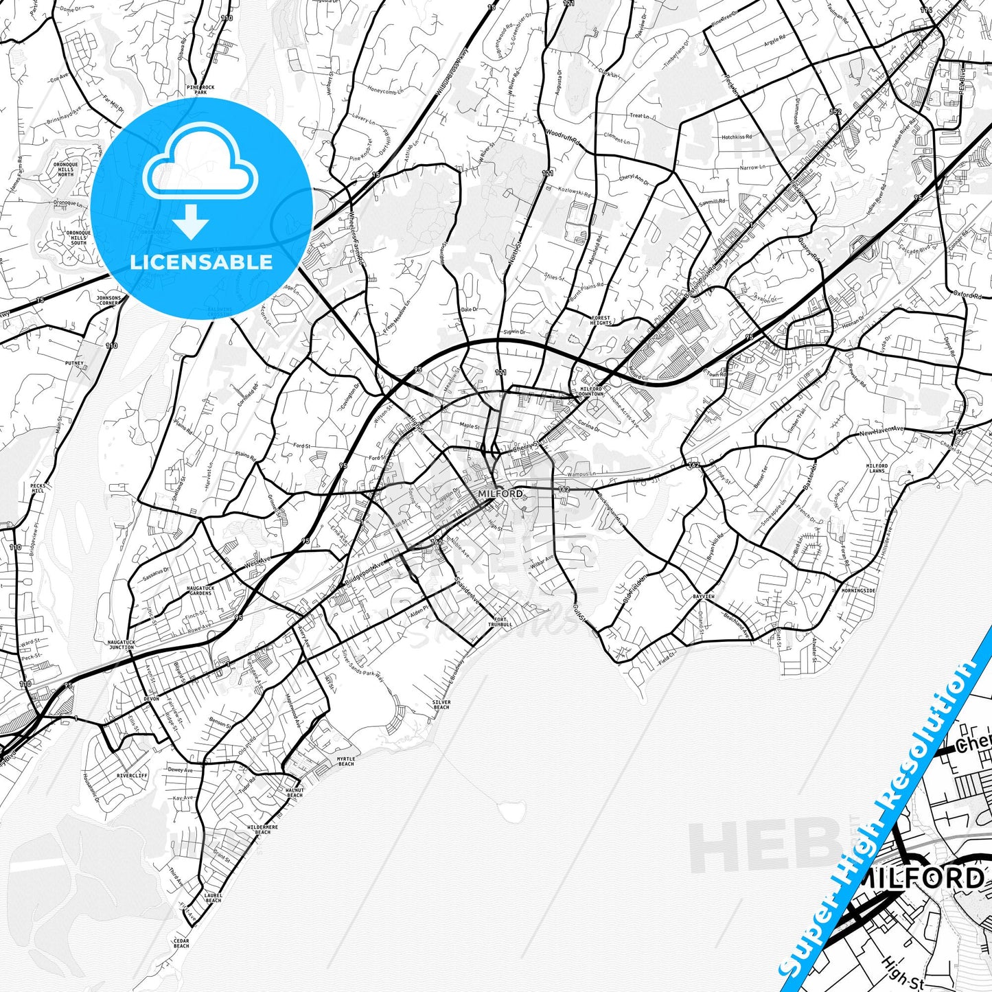 Milford, Connecticut Light Map with Street Names, City Names, and Districts