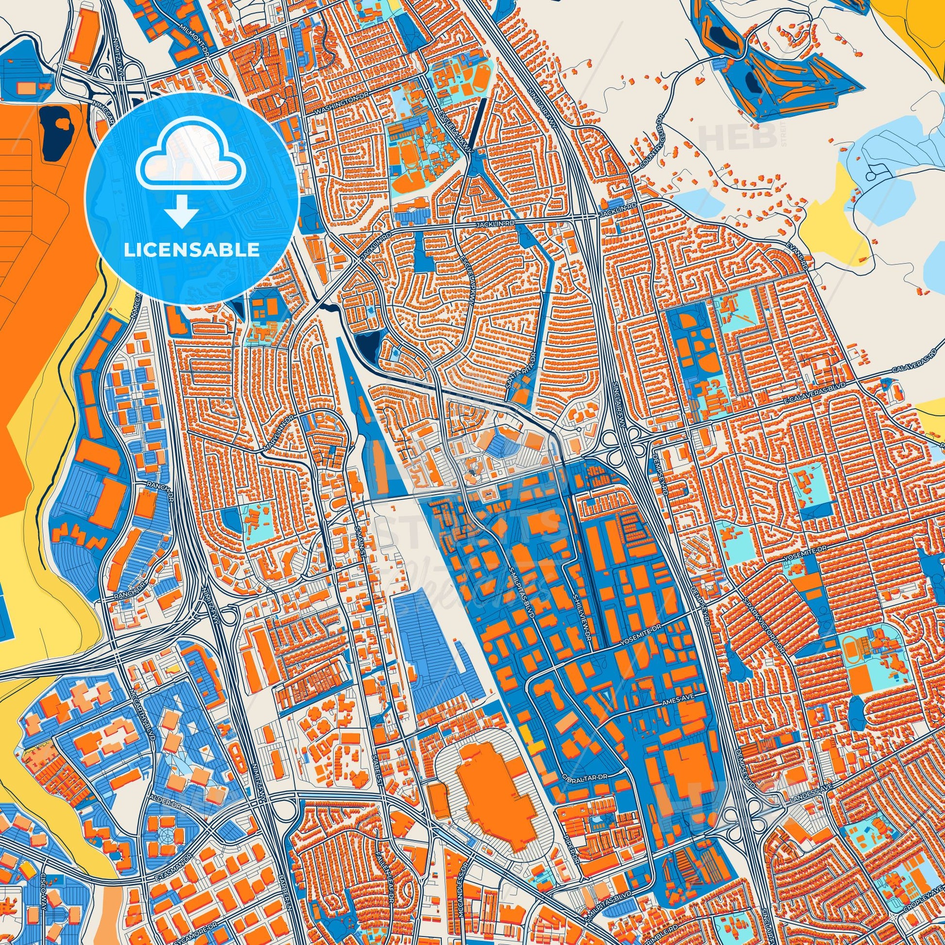 Colorful Milpitas Street Map with Labels and Buildings