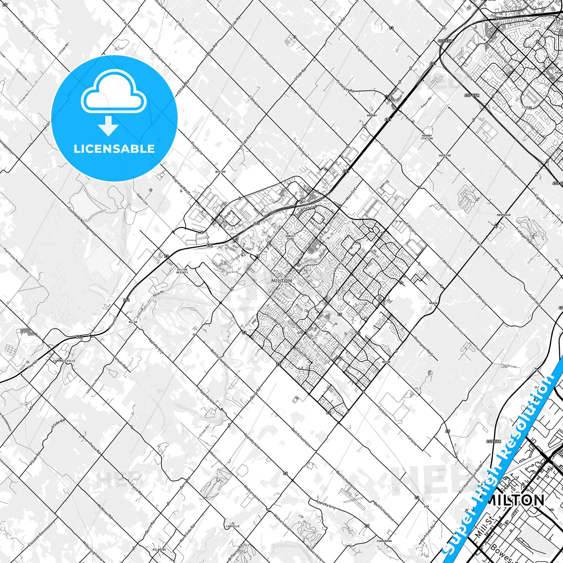 Milton, Canada light map with streetnames, citynames and districts