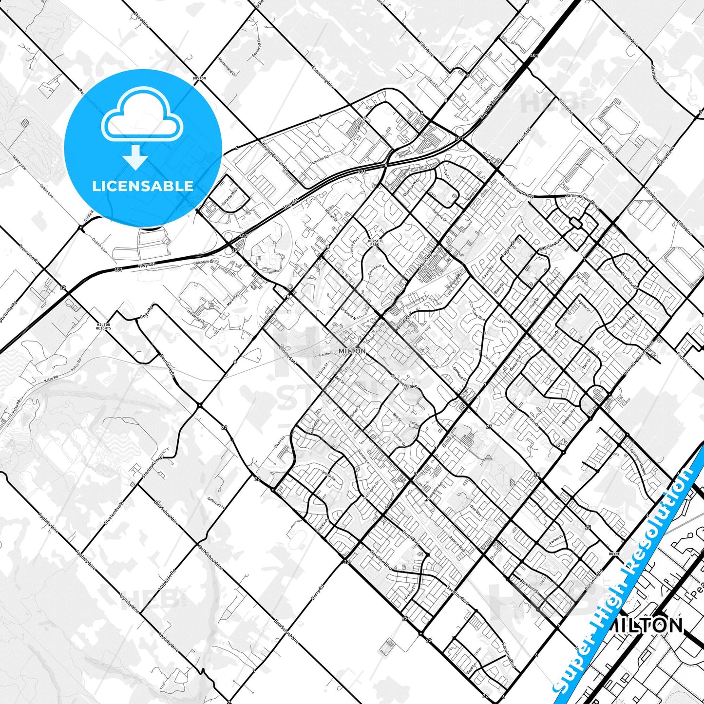 Milton, Canada Light Map with Street Names, City Names, and Districts