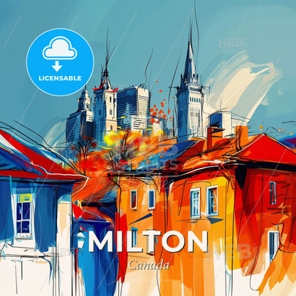 Vibrant Milton, Canada - A Painting Of A City With A Castle In The Background - Square format print template