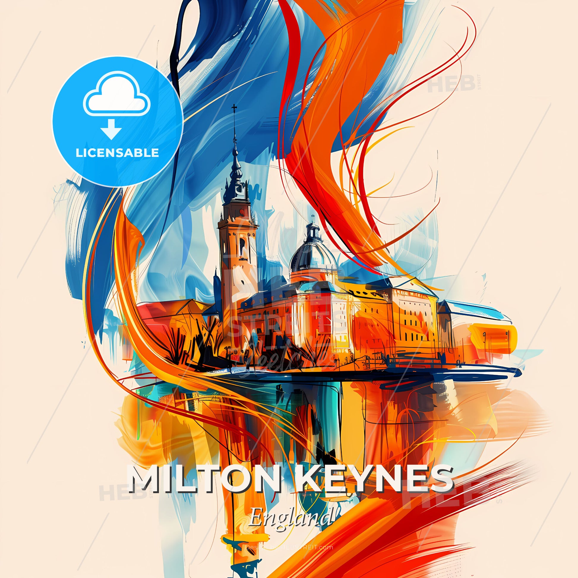 Vibrant Milton Keynes, England - A Painting Of A Building With A Colorful Background - Square format print template