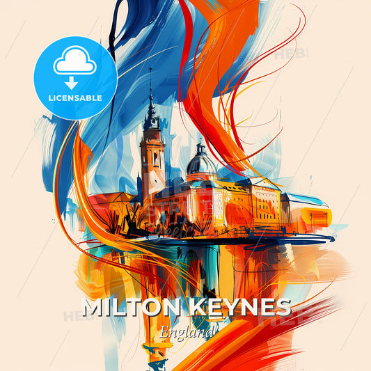 Vibrant Milton Keynes, England - A Painting Of A Building With A Colorful Background - Square format print template