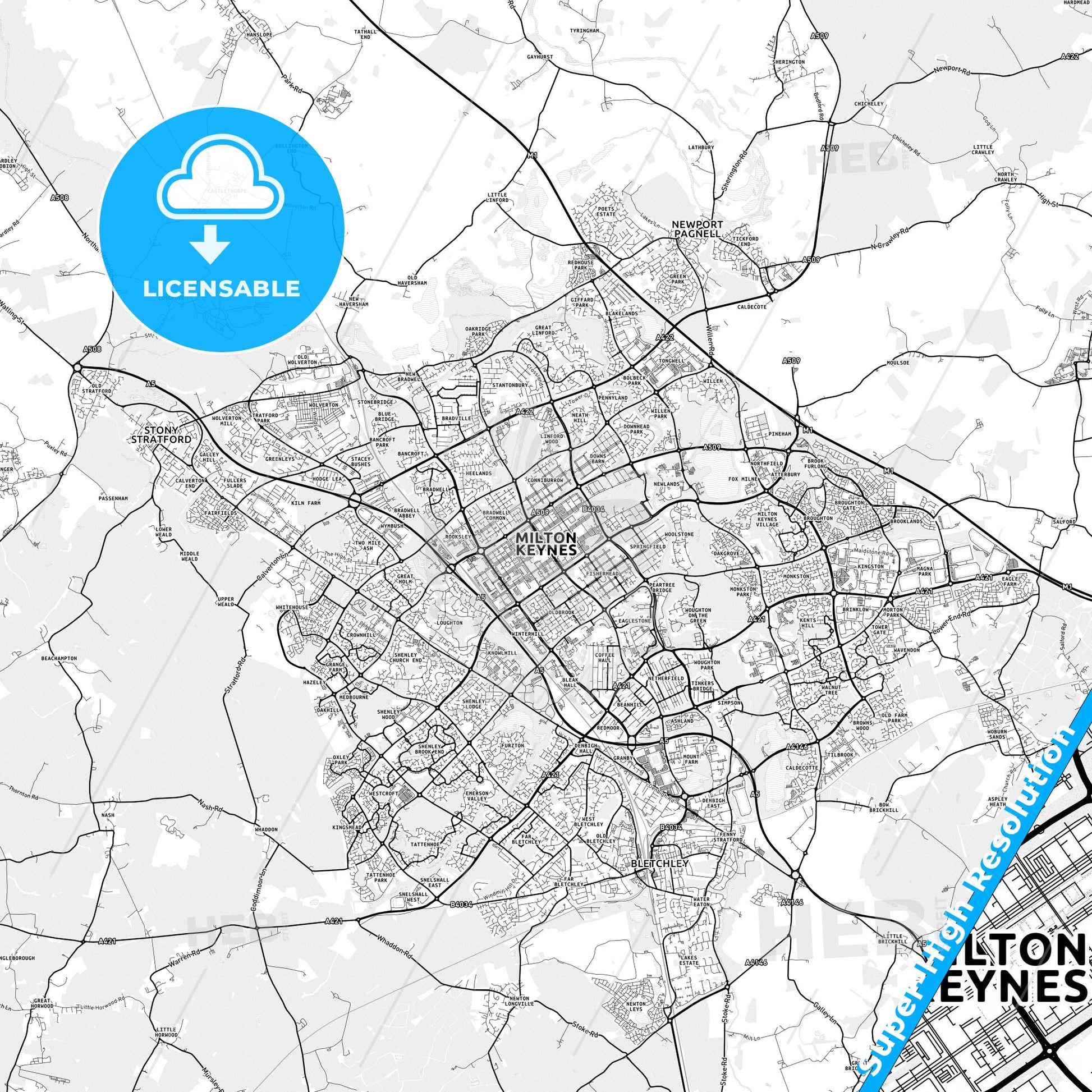 Milton Keynes, England light map with streetnames, citynames and districts