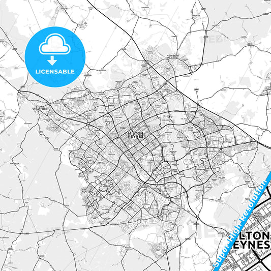 Milton Keynes, England light map with streetnames, citynames and districts